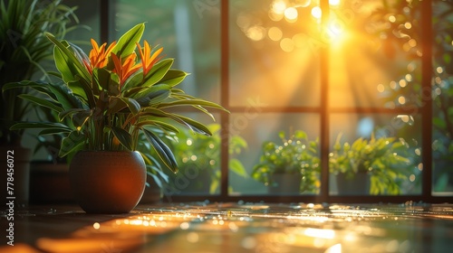 a potted plant sitting in front of a window with the sun shining through the window panes behind it.