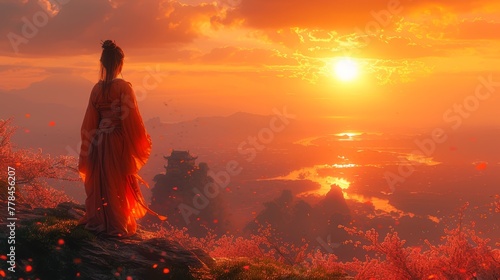 a woman standing on top of a hill watching the sun go down over a valley with mountains in the background.