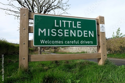 Little Missenden welcomes careful drivers sign in Buckinghamshire, England, UK
