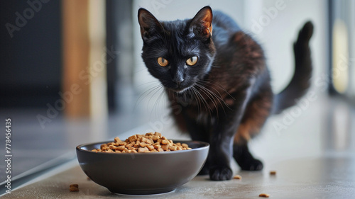 A sleek, black Manx cat, its tail barely visible, standing guard over a sleek, modern bowl filled with high-protein, fish-flavored kibble, 