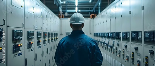 Electrician Inspecting High Voltage Control Panels. Concept Electrical Safety, High Voltage Equipment, Control Panel Inspection, Electrician Work, Workplace Safety