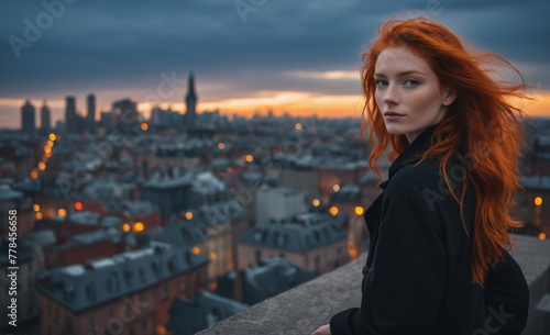 Portrait of a beautiful red-haired model, a ginger model with a face of beauty and red hair, noir, contrast, color paint, multiple colors, city at background , detailed, © rodrigo