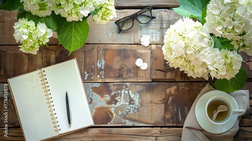 Elegant Planner on Wooden Desk Surrounded by Serene Hydrangea A Peaceful Workspace photo