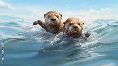 Two otters swimming in the water. The water is blue and wavy and the otters are brown. They are located close to each other. There are also some bubbles in the water.