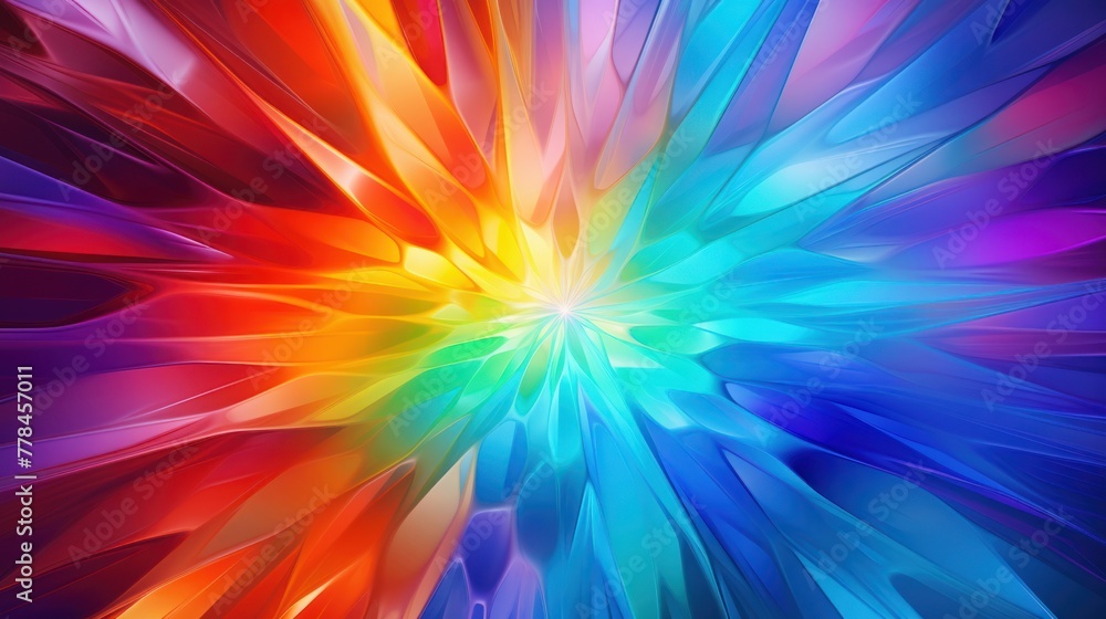Obraz premium A colorful, abstract piece of art with a radial pattern resembling a flower in full bloom. The colors of the rainbow are represented, with each petal a different shade.