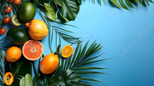 Exotic Fruits Amidst Tropical Leaves A Vibrant Still Life photo