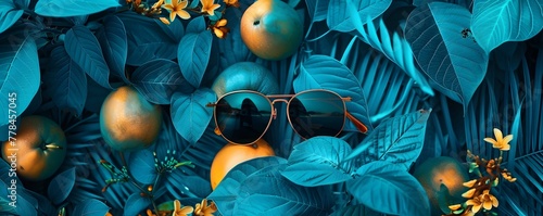 Fruitful Communication Sunglasses in Focus Amongst a Blue Oasis of Foliage and Abundance photo
