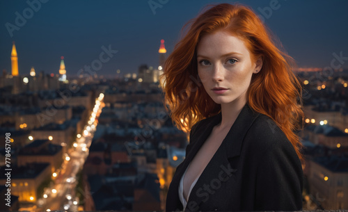 Portrait of a beautiful red-haired model, a ginger model with a face of beauty and red hair, noir, contrast, color paint, multiple colors, city at background , detailed, © rodrigo