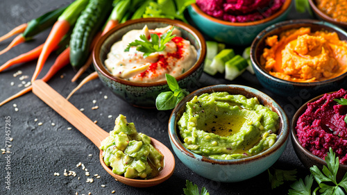A widescreen presentation of a wooden spoon next to bowls of vibrant dips like guacamole, hummus, and beetroot spread, with raw vegetables sticks on the side,