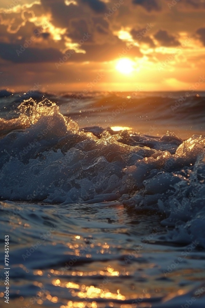 the sun sets over the ocean waves