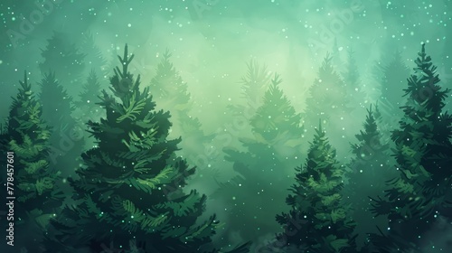 A mist-covered evergreen forest presenting a mystical and ethereal landscape
