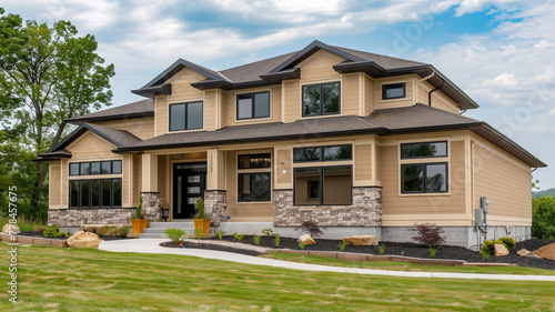Contemporary opulent residence, newly constructed, wrapped in soft tan siding and accented with natural stone wall trim, without a garage for an uncluttered, modern appearance.