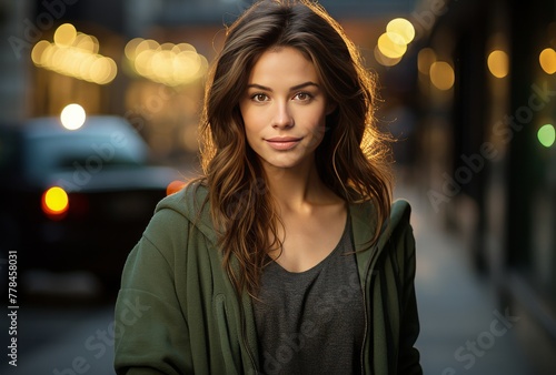 a woman in a grey sweater is standing on a sidewalk