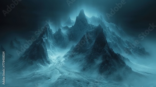 a mountain range covered in snow in the middle of a dark  foggy  foggy  and cloudy sky.
