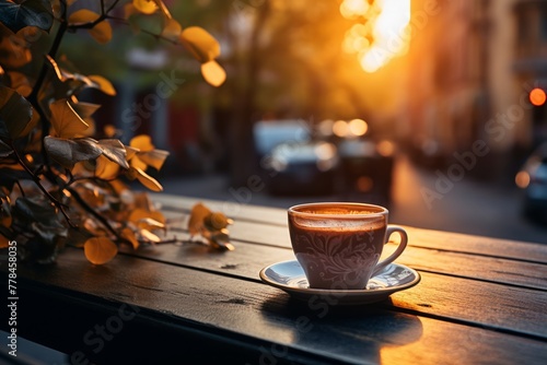 coffee cup sitting on table outside in the evening