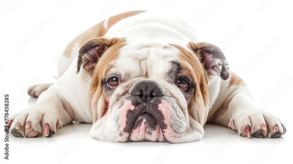 Funny Laying English Bulldog - Mad Dog Breed Isolated on White Background