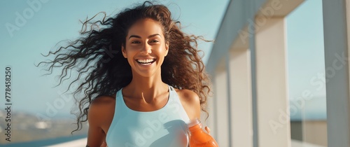 an attractive young woman smiling as she runs away