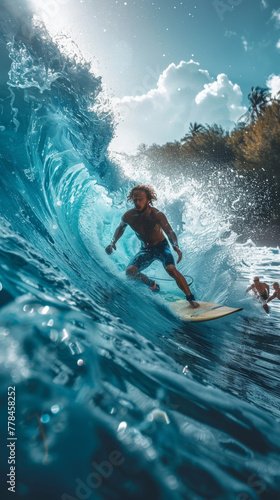 Man Surfing Blue Wave: Sunshine and Ocean Spray