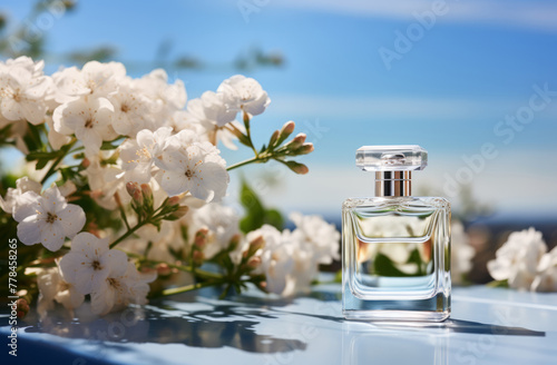 A perfume bottle placed atop a bed of flowers, evoking elegance and fragrance
