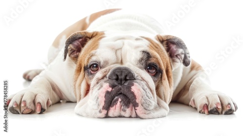 Funny Laying English Bulldog - Mad Dog Breed Isolated on White Background © Web