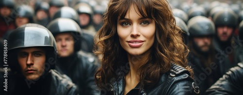 a woman in a helmet talking to a crowd