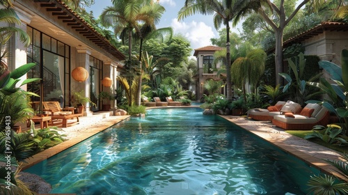 Pool Surrounded by Palm Trees Next to House