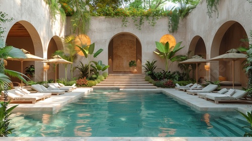 Swimming Pool With Lounge Chairs and Umbrellas