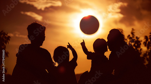 The silhouette of a family against the background of a solar eclipse	