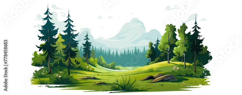 Illustration scene nature tree mound eco pine grass field and blue cloud cartoon.