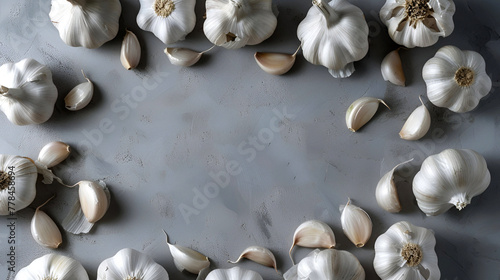 Garlic frame on an isolated grey background with copy space