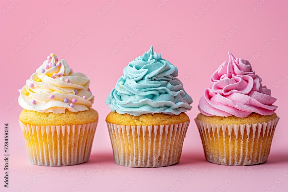 Tasty cupcakes with butter cream and sprinkles on pink background