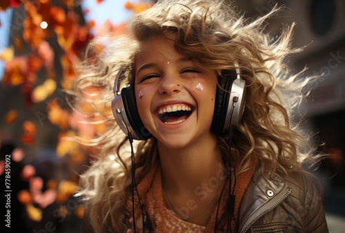 girl laughing and smiling with headphones on happy girl