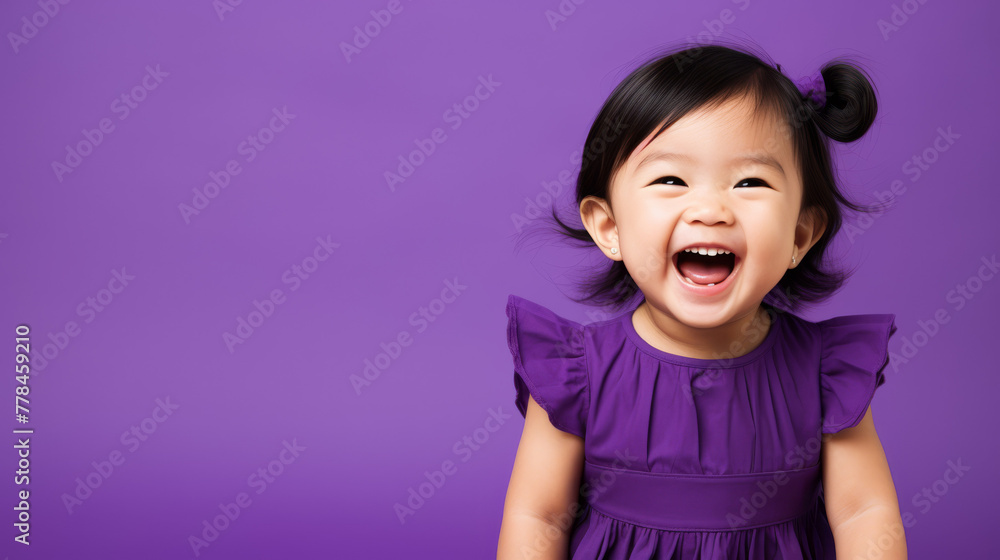 Joyful Asian Baby Girl Laughing in Purple Dress
