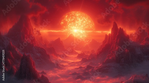 a painting of a red sky with a sun in the middle of the sky and mountains in the foreground.