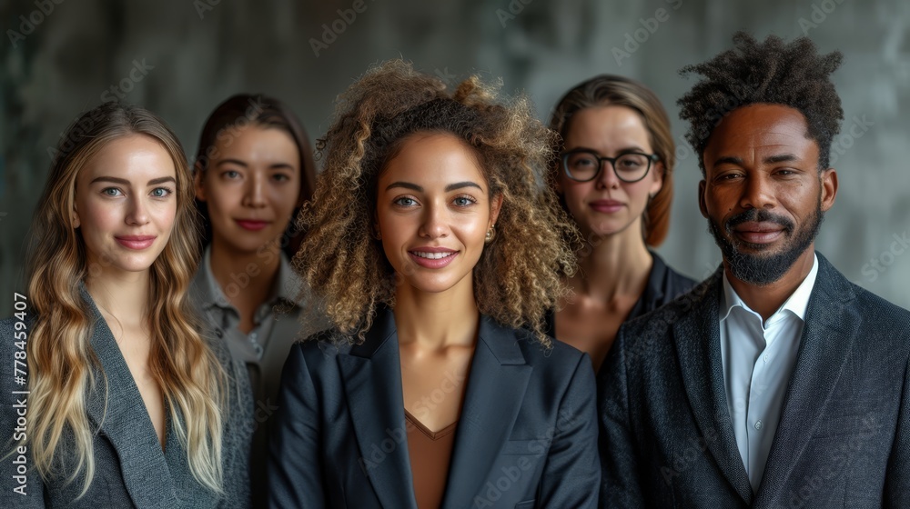 a group of people standing next to each other with one woman in front of them and one man in the background. a group of people standing next to each other with one woman in front of them and one man in the background.