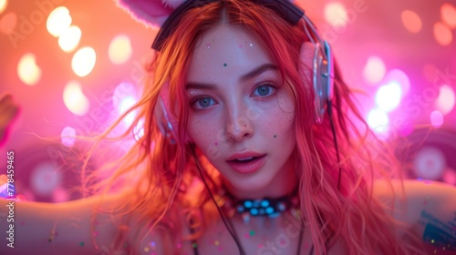 a close up of a person wearing headphones and a cat ears headband with pink lights in the background.