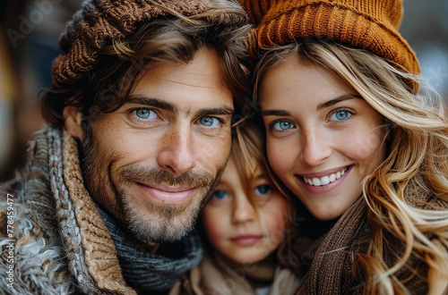 family in an urban street smile together, gray and brown
