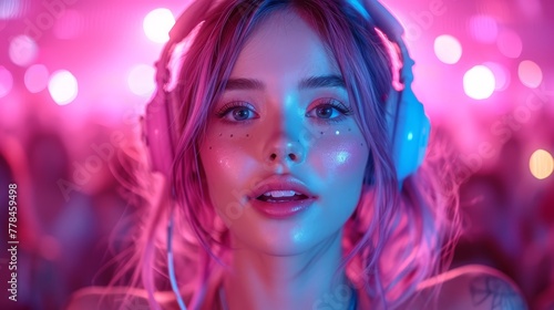a close up of a person wearing headphones in a room with pink lights and a neon light in the background.