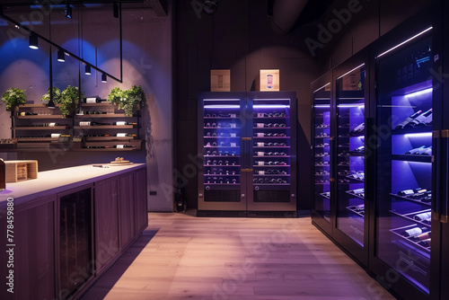 A stylish wine tasting room with AI-guided tasting experiences and temperature-controlled wine storage units.
