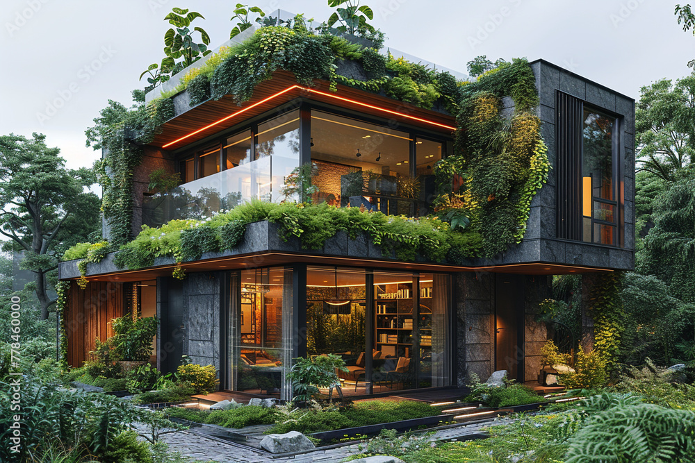 A sustainable eco-friendly home powered by AI-managed energy systems, seamlessly integrating renewable resources for efficiency.
