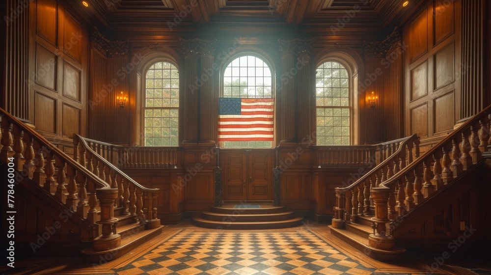 a large room with a checkerboard floor and a large american flag hanging on the wall of the room.