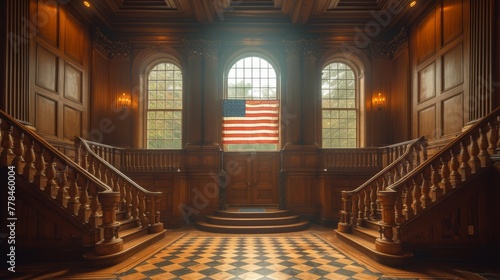 a large room with a checkerboard floor and a large american flag hanging on the wall of the room.