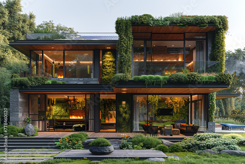 A sustainable eco-friendly home powered by AI-managed energy systems, seamlessly integrating renewable resources for efficiency.