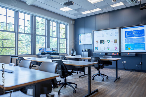 A tech-forward study room with AI-enhanced learning tools and interactive whiteboards for immersive educational experiences. photo