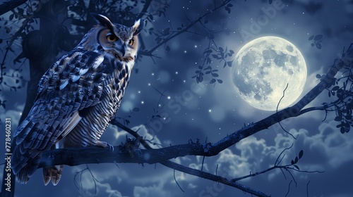 anthropomorphic owl perched on a tree branch against a moonlit sky