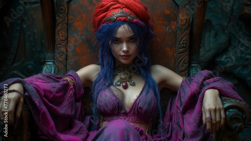 a woman with blue hair wearing a purple dress and a red headband sitting in a chair with her hands on her hips.