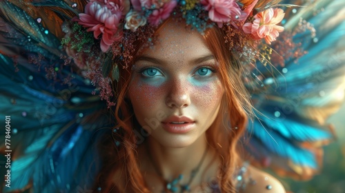 a close up of a woman with blue eyes wearing a colorful head piece with flowers on her head and feathers on her head.