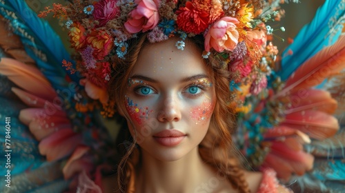 a close up of a woman with flowers on her head wearing a wreath of feathers and flowers on her head.