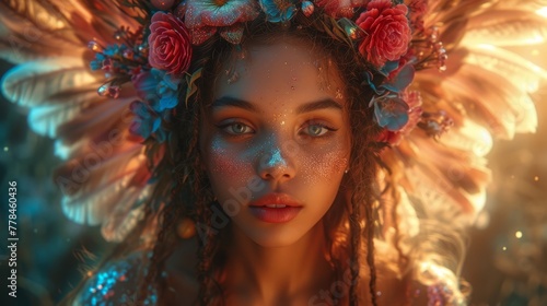 a close up of a woman with flowers on her head and wings on her head and a flower crown on her head.
