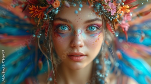 a close up of a woman with blue eyes wearing a headdress with feathers and flowers on her head.